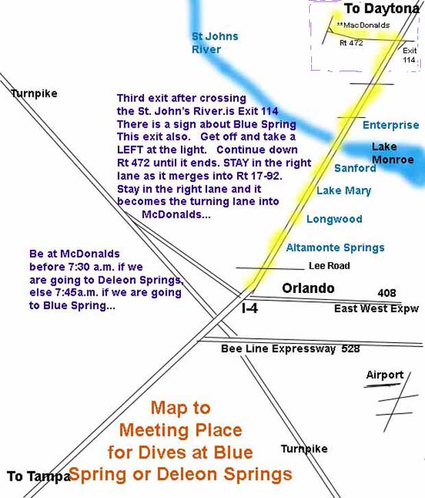 Dayo Scuba Blue Spring and Deleon Springs Map Orlando, Florida